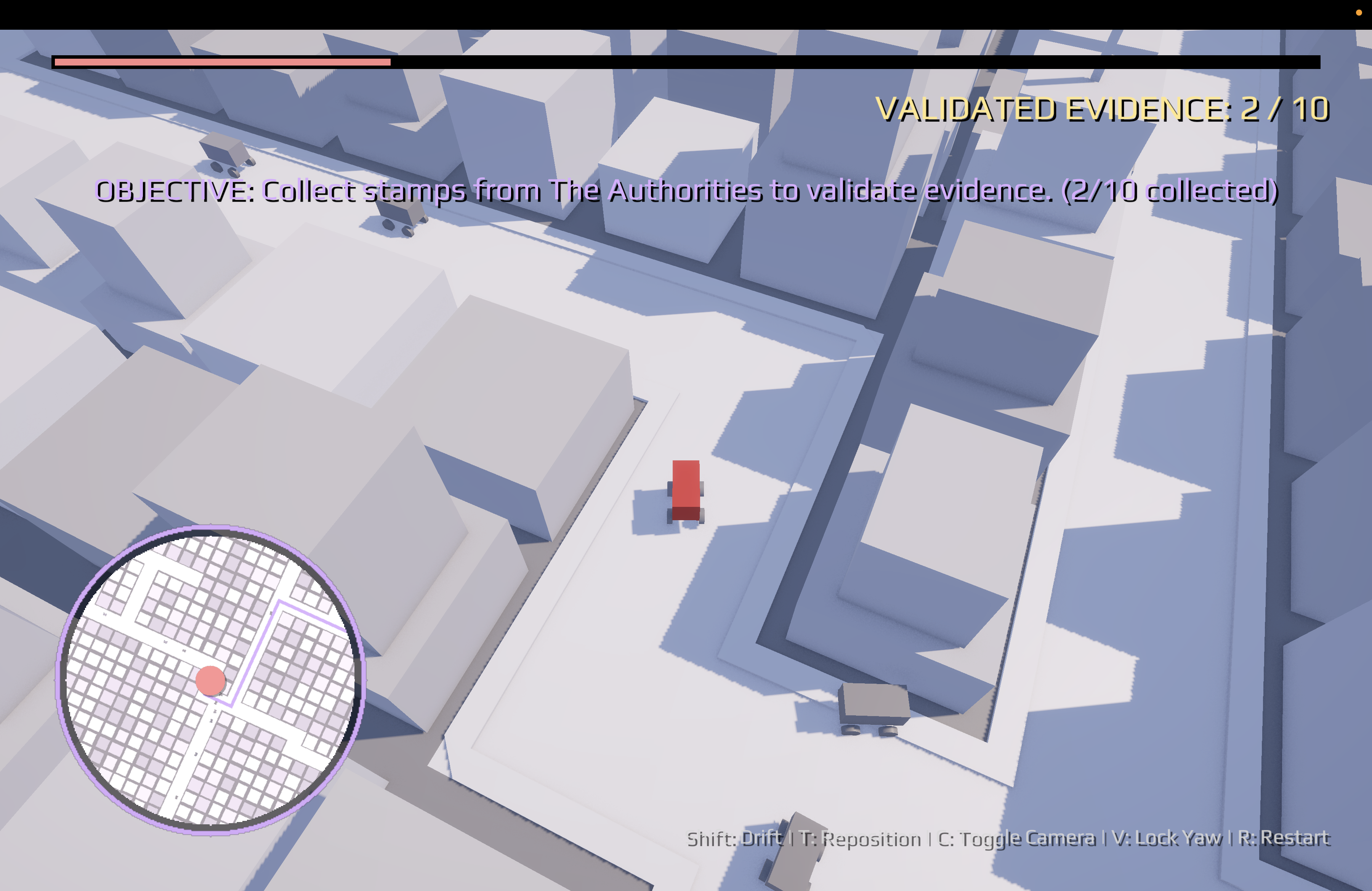 The player driving through the city, with a route on the small map