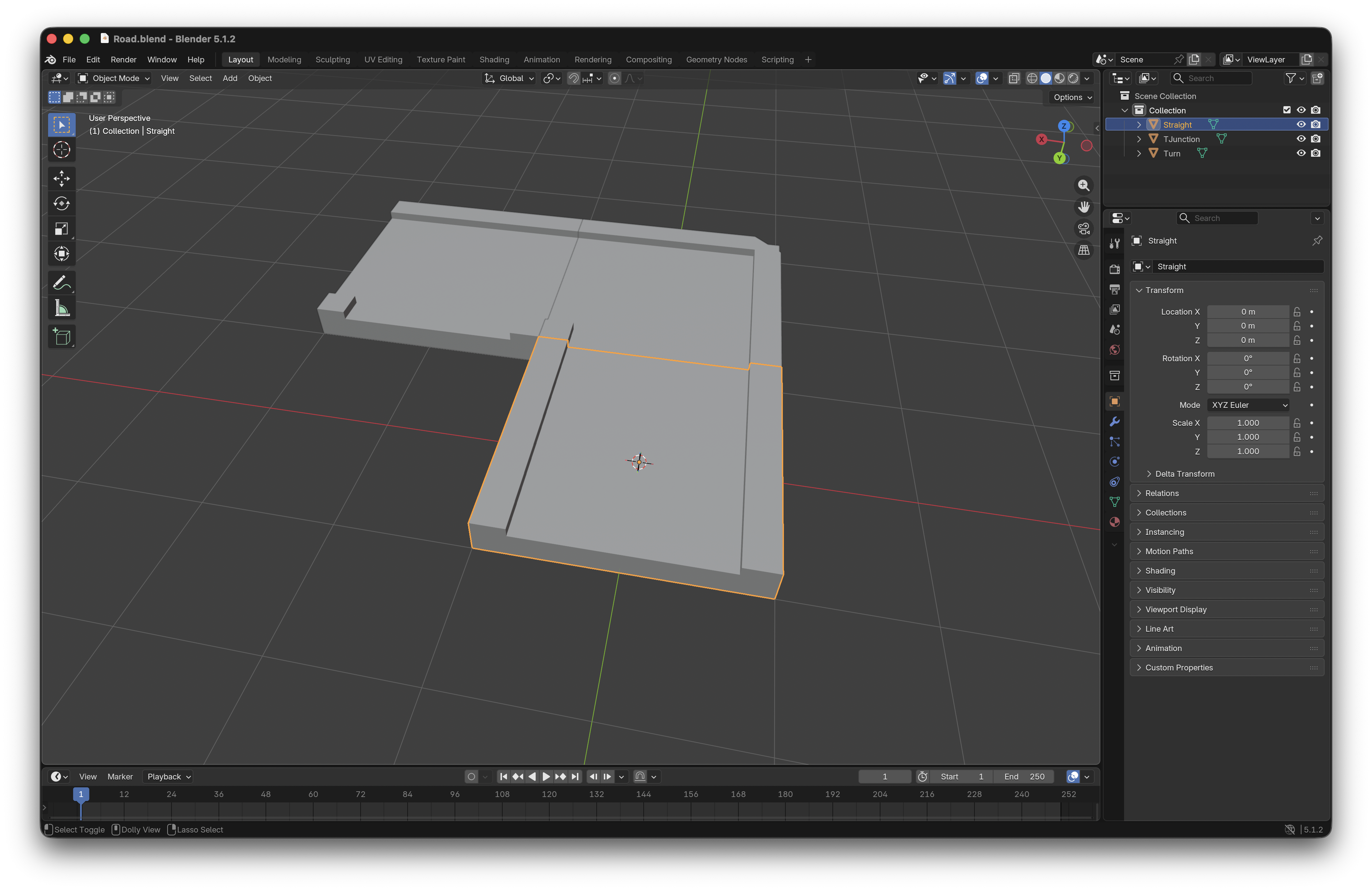 A straight road piece in Blender, with turn and T-shaped junction pieces listed on the right