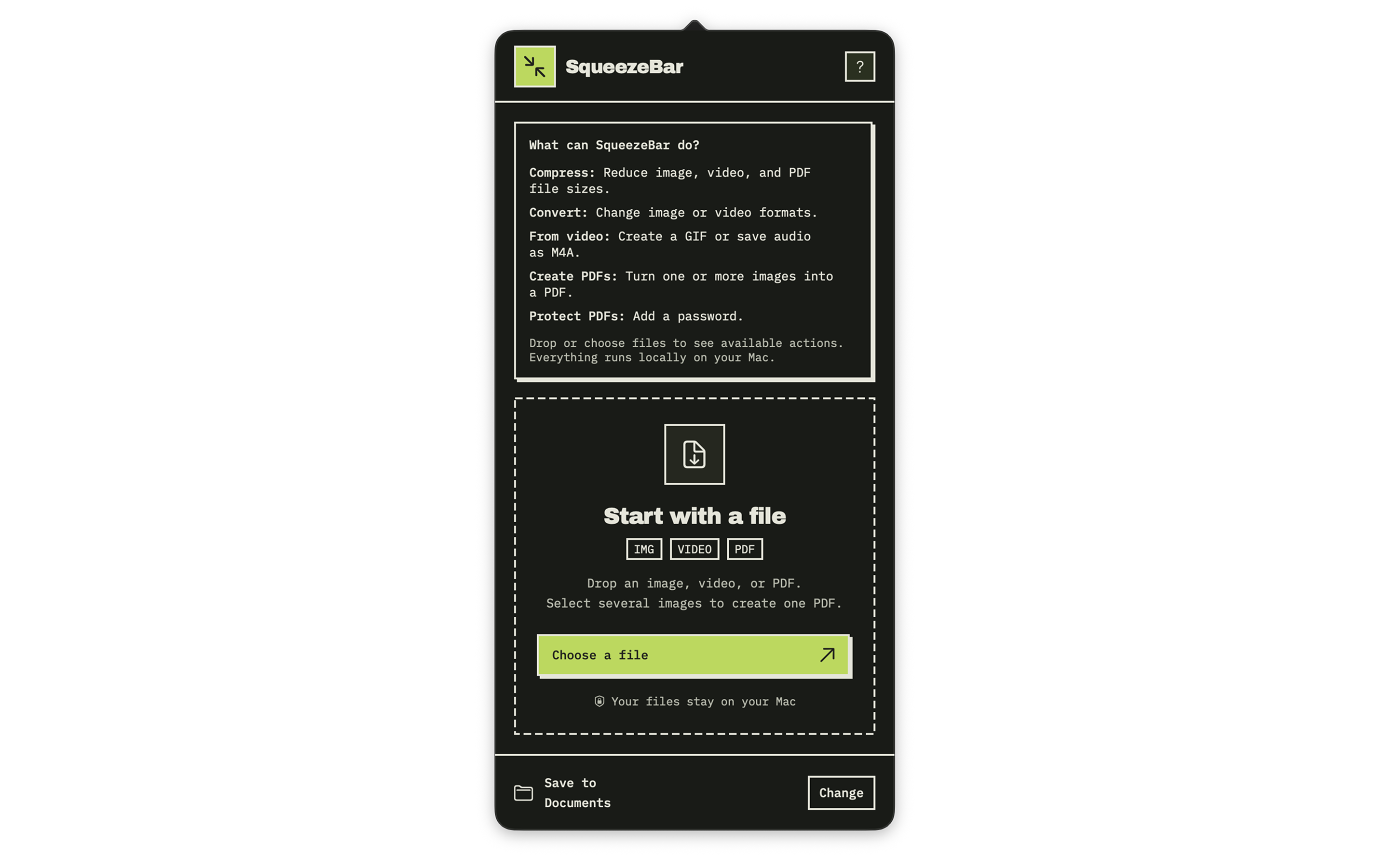 SqueezeBar help panel listing compression, format conversion, GIF creation, audio extraction, and PDF tools.