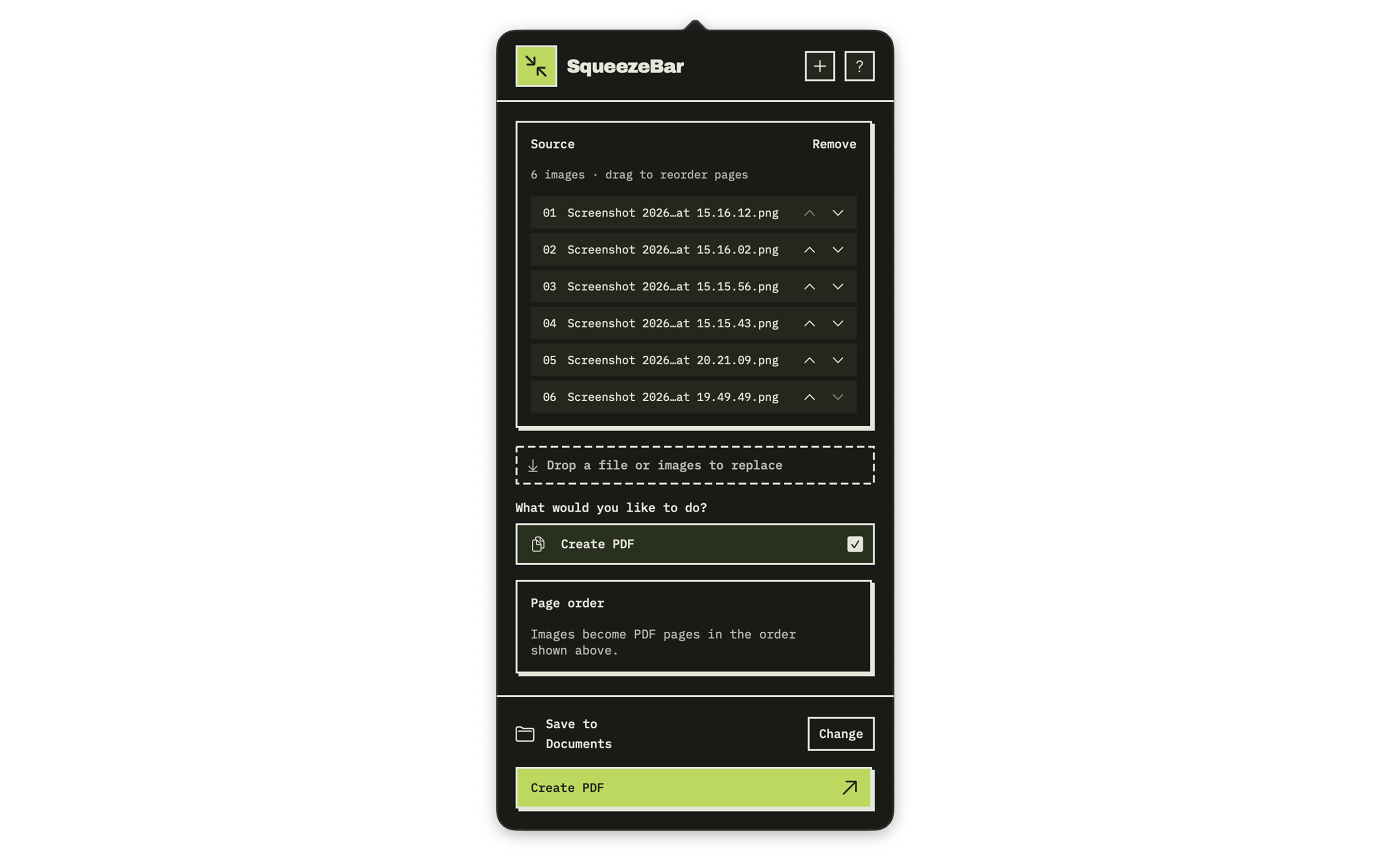 SqueezeBar showing six images in page order with the Create PDF action selected.