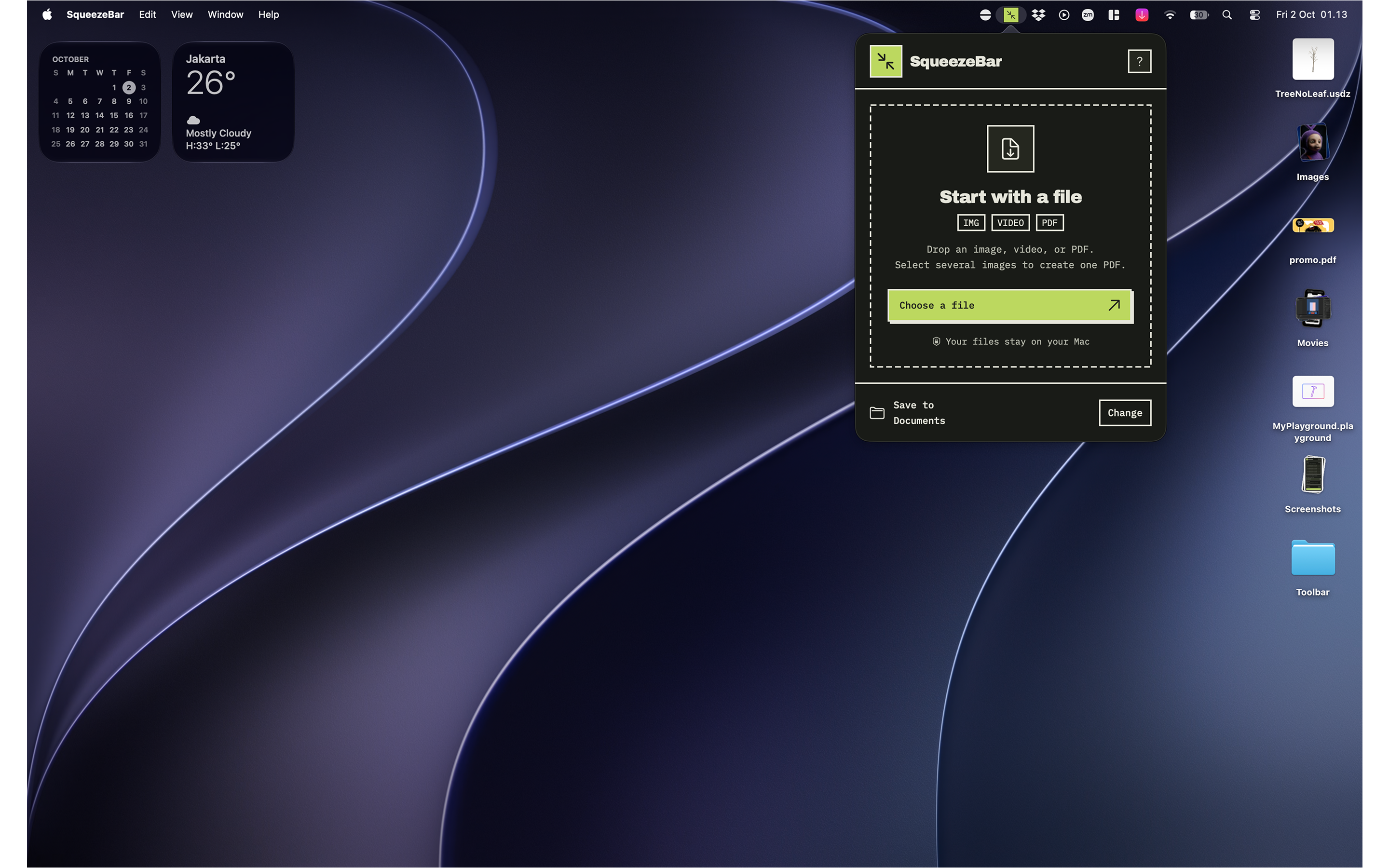 SqueezeBar open from the macOS menu bar, showing its file drop area on the desktop.