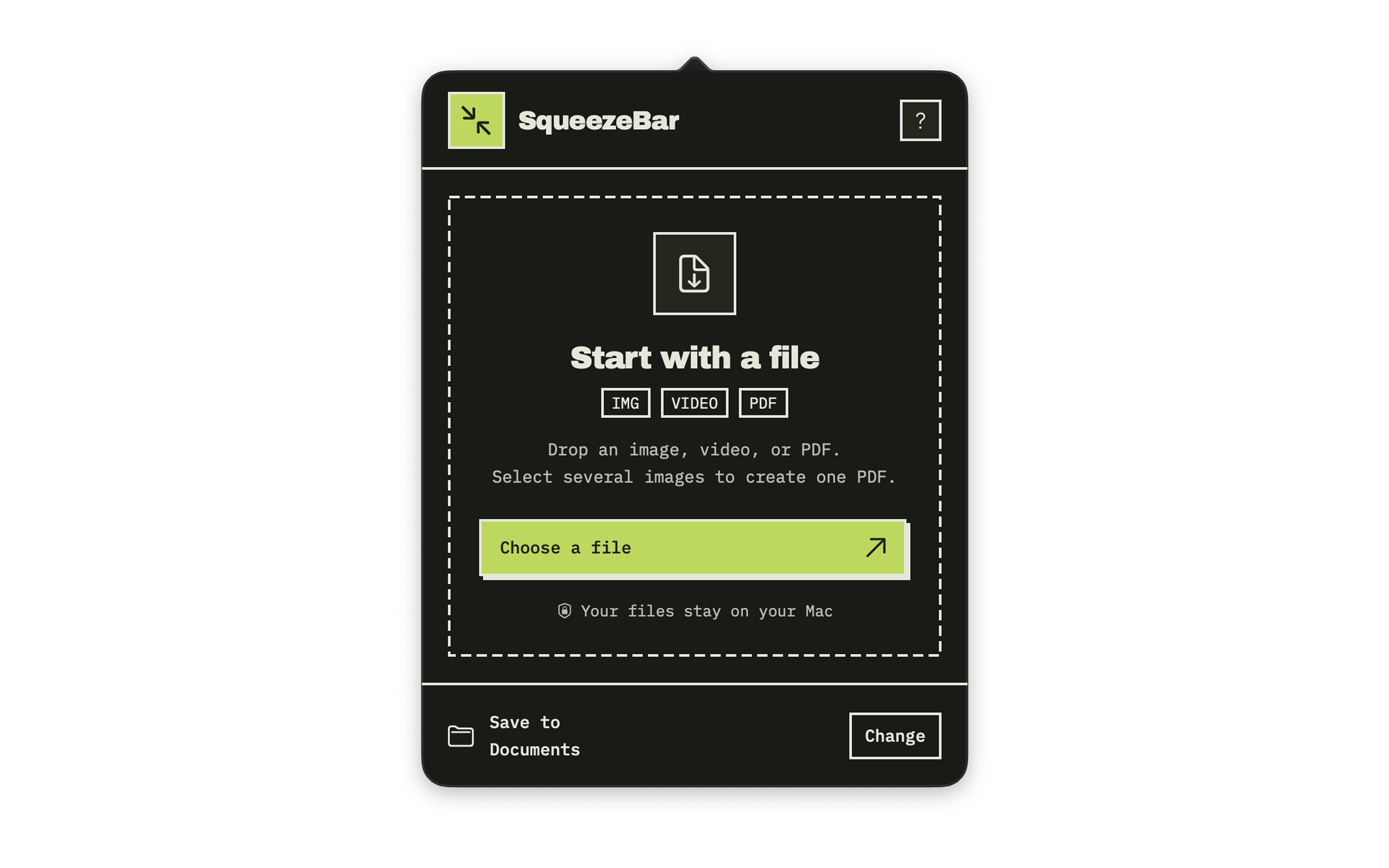 SqueezeBar start screen with a file drop area, supported image, video, and PDF formats, and a destination folder.