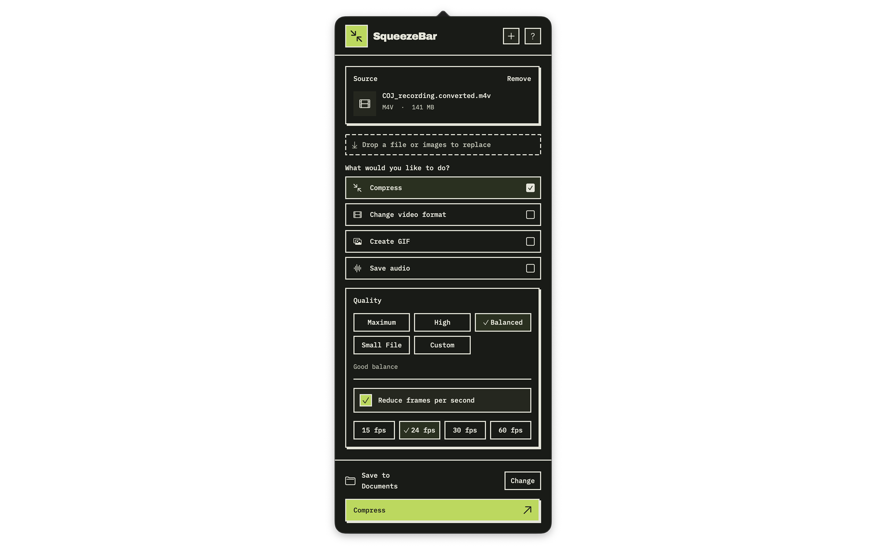 SqueezeBar video compression settings with Balanced quality selected and frame rate reduction set to 24 fps.