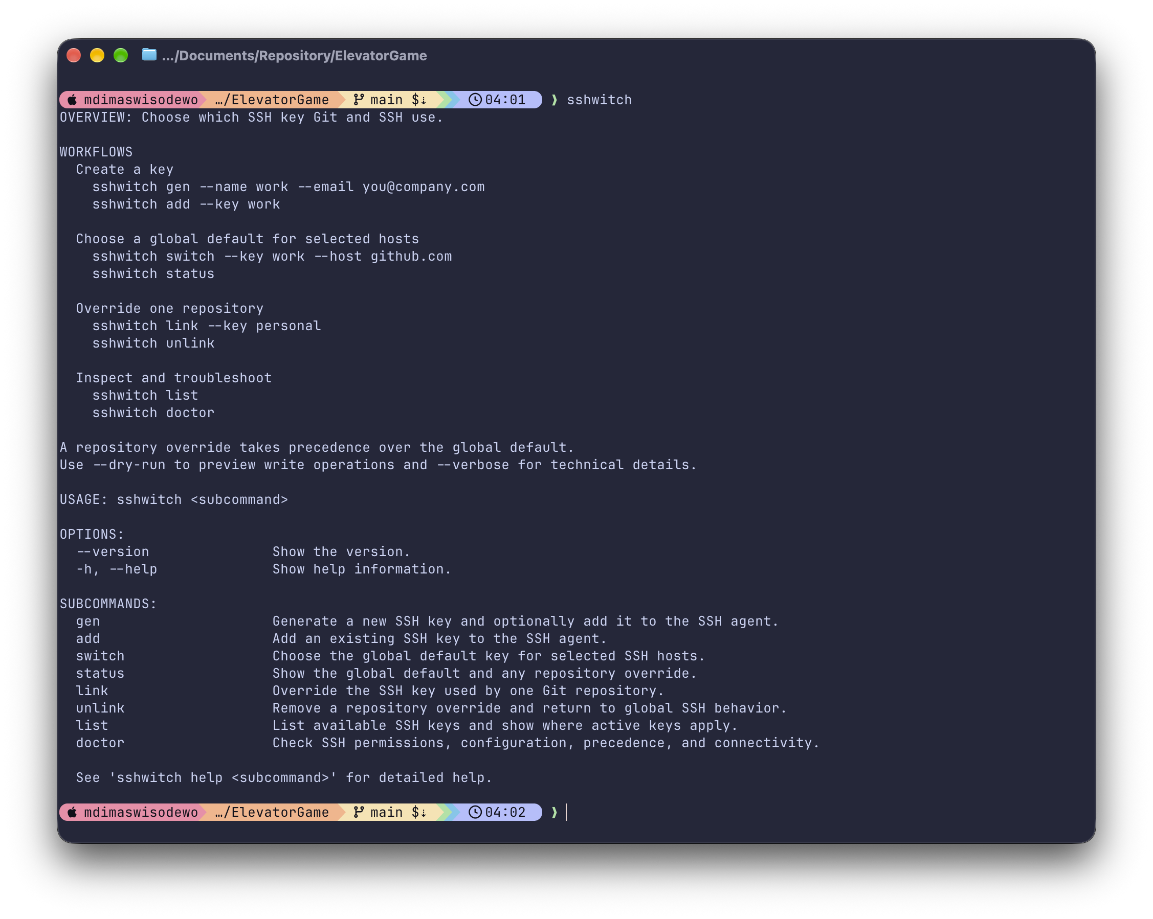 Terminal showing sshwitch help, common workflows, and available SSH key management commands.